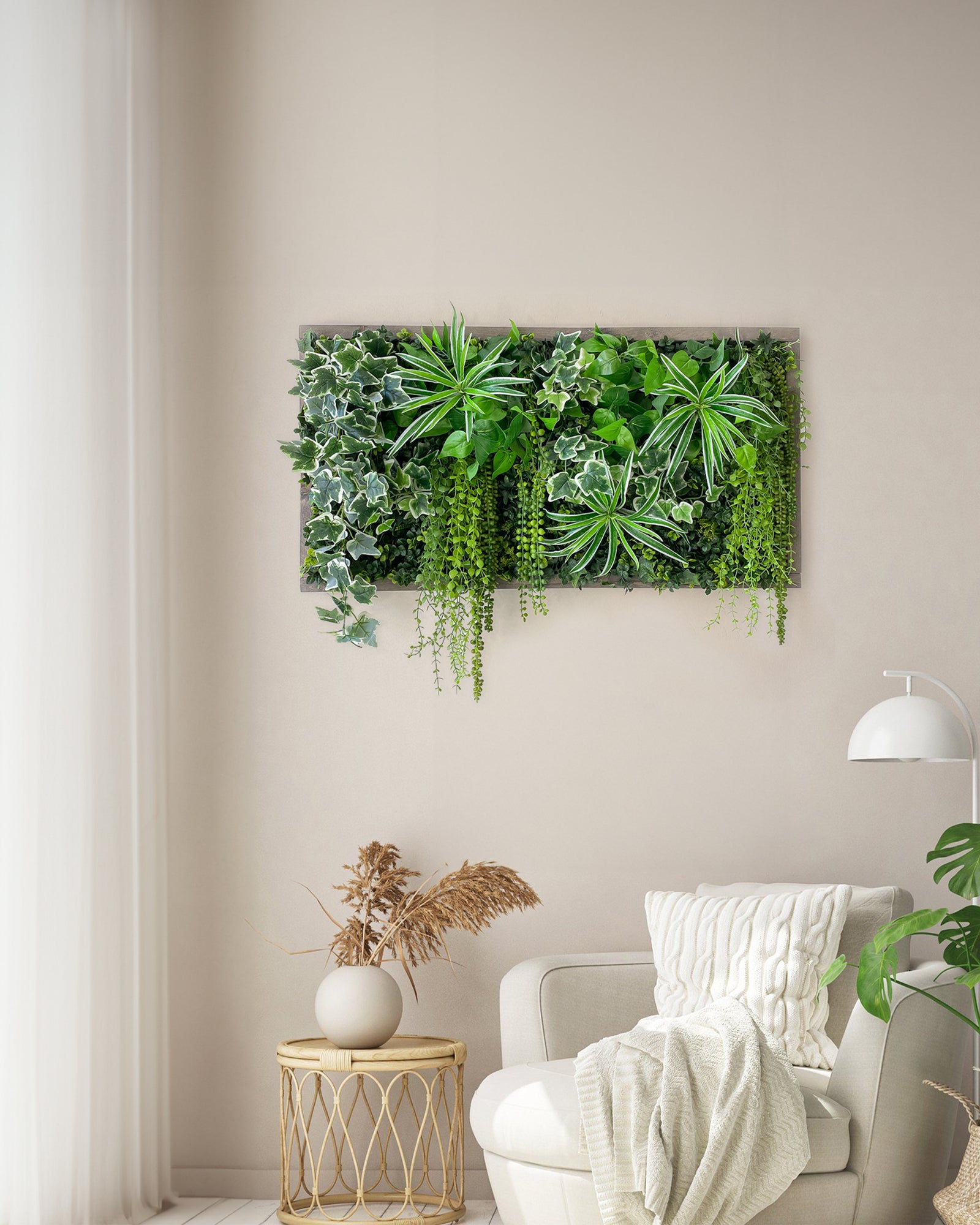 plantframe/pflanzenwand/mooswand "bogotÁ" aus realtouch kunstpflanzen in  fichtenholzrahmen