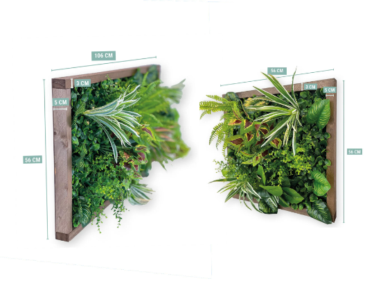 Plantframe/Pflanzenwand/Mooswand "BOGOTÁ" aus Realtouch Kunstpflanzen mit grauem Fichtenholzrahmen
